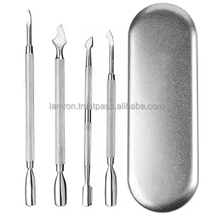 Juego de empuje de cutículas para manicura, acero inoxidable, doble punta, 4 piezas, herramientas de manicura con funda