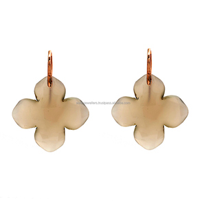 Boucles d'oreilles pendantes en quartz fumé en argent sterling 925 en forme de fleur à la mode avec placage à l'or pour la fête de mariage ou le cadeau - Product Image 1