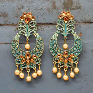 All New Indian Design Firozi Color Glass Stone Antique Mint Meena Earrings