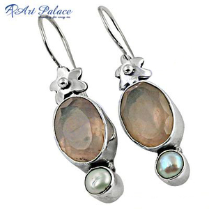 Impresionante perla y cuarzo rosa impresionante 925 plata esterlina sólida pendiente de piedras preciosas regalo de joyería para mujeres y niñas - Product Image 1