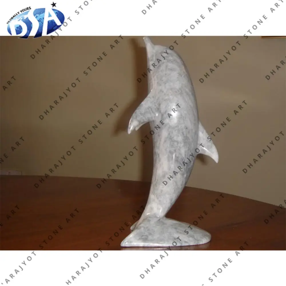 Estatua de delfín, base de mesa pulida de mármol gris