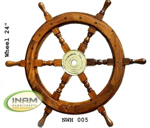 พวงมาลัยเรือทำจากไม้แบบโบราณของการเดินเรือที่แขวนผนังตกแต่งด้วยทองเหลืองฝังงานสีพีช - Product Image 2