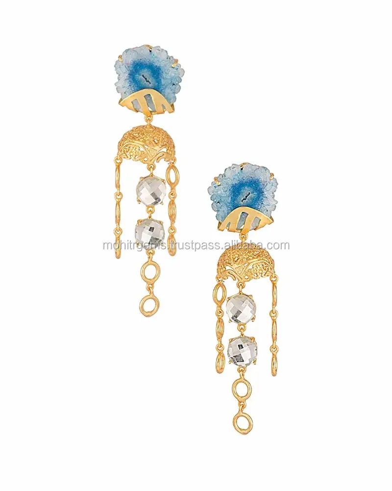 Solar QuartzとQuartz Stone Hanging Cap Handmade Stud Beautiful Jewelry Earring