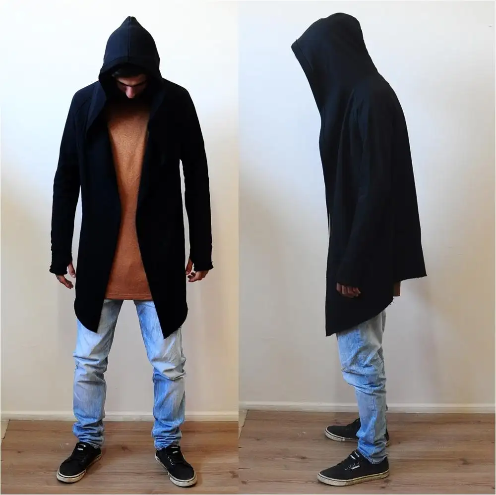 Black Long Sweater Cardigan With Hood / Glove Sleeves - Bottom Drawstring - Seam Details