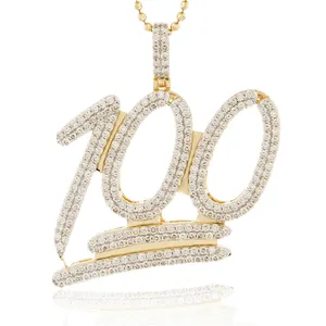 2.66 Carat 100% Tự Nhiên Trắng Kim Cương "100" Số Mặt Dây Chuyền Trong 14K Màu Vàng Vàng, Thư Kim Cương Mặt Dây Chuyền, Hip Hop Mặt Dây Chuyền