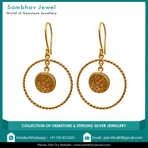 Classic Romantic Party Wear Natural Golden Druzy Gemstone Gold Plated Handmade 925 <b>Sterling</b> <b>Silver</b> 4cm <b>Drop</b> Women <b>Earrings</b> - Product Image 2