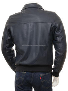 Venta al por mayor chaqueta de bombardero de cuero azul unisex de alta calidad de piel de oveja Vintage cremallera personalizada bolsillo de poliéster liso de talla grande de invierno - Product Image 2