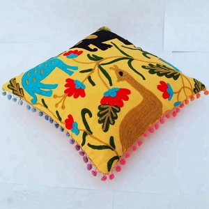 Hecho a mano nueva funda de cojín amarillo indio Suzani lana bordado algodón cuadrado sofá funda de almohada decorativa al por mayor para el hogar - Product Image 5