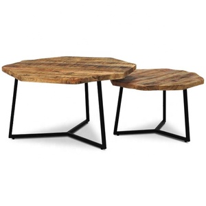 Ensemble de table basse ronde en bois de manguier rustique antique et base en fer Meubles de salon et décoration intérieure avec matériau en métal durable - Product Image 1