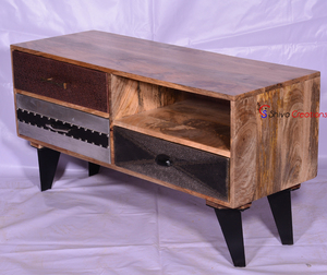 Modern Indian Solid Wood Metal TV <b>Stand</b> 4 Doors 3 Drawers Mirrored Design Eco-friendly Handmade Storage Solution School Basement - Product Image 4