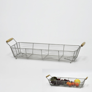 Silver Wire Wide Rectangle Fruit Basket with Wood Handle - Product Image 1