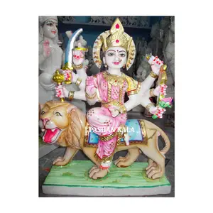 Makrana Marble Goddess Durga Mata,แฮนด์เมดสีขาวล้วนนั่งอยู่บนรูปปั้นสิงโตในราคาประหยัด