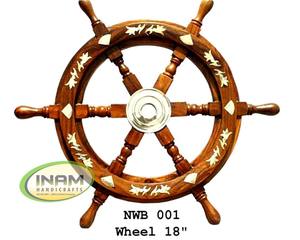 Volante de diseño de madera antigua náutica, accesorio decorativo con incrustaciones de latón - Product Image 1