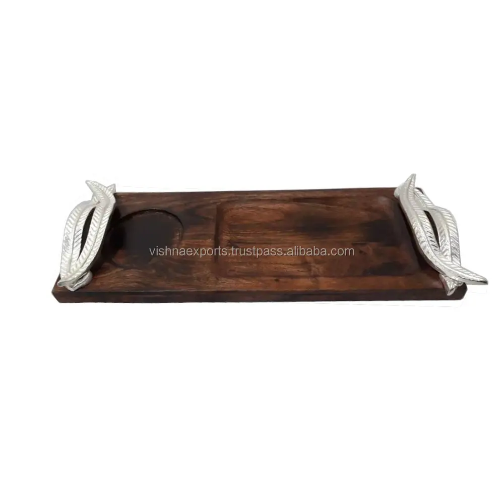 Snacks Serving Wooden Tray With Embossed Silver Handles