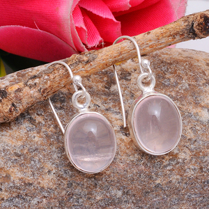 Piedra preciosa de forma ovalada de cuarzo rosa, pendiente de piedra preciosa de corte de cabina de Plata de Ley 925, pendiente elegante para boda, aniversario - Product Image 3