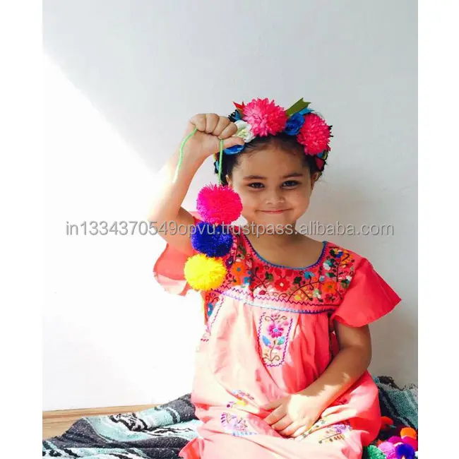 Premium Quality Hot Selling Mexican Look Hand Embroider Breathable Natural Cotton Dress Trendy Little Princess Baby Girl Tunic