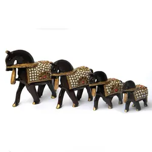 Pearl Work On Indian Wooden Horse For Indoor Decoration 4 Pcs Set with Stone Pearl Inlay Work Turquoise Stone Inlay Fancy Horse