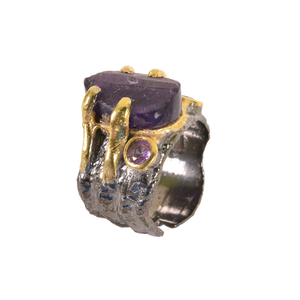 Rough Gemstone Gold Plated Jewelry 925 Sterling Silver Rough Amethyst Gemstone <b>Black</b> Rhodium <b>Ring</b> - Product Image 2