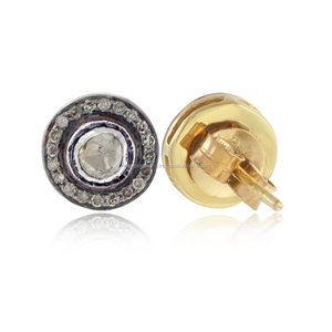 Pendientes de botón de plata 925 oxidada con diamante Polki natural, vermeil amarillo, 10 mm, cierre a presión, joyería fina - Product Image 3