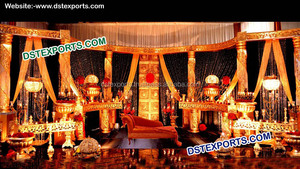 Decoración de Escenario para Bodas Musulmanas Pakistaníes, Conjunto de Escenario para Bodas Indias con Sofá Italiano, Pilares de Cristal Dorado, Escenario para Bodas en EE. UU. - Product Image 6
