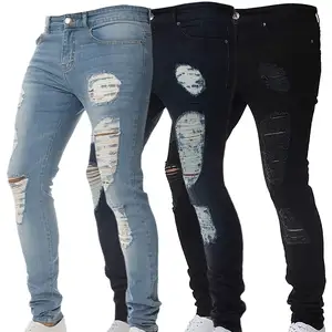 Tissu extensible personnalisé avec poches brodées et braguette boutonnée jean en denim vieilli skinny 12oz pantalon de jogging