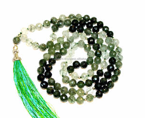 สร้อยคอหินลูกประคำผ้าไหม Mala,พลอยควอทซ์ไหมขัดฟันสีเขียว - Product Image 1