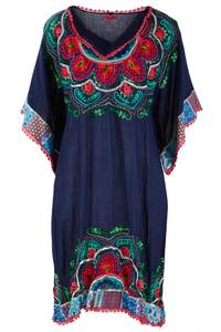 Robe Tunique Bohème Été Frais à Broderie Florale, Coupe Trapèze, Bleu Vibrant, Cache-Maillot de Bain, Décoration Dentelle, Col en V, Coupe Décontractée, Plage et Soleil - Product Image 4