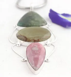 92.5 Sterling Silver Mix Shape Natural Agate Rain Forest & Pink Rhyolite Jasper Gemstone Handmade Pendant With Chain