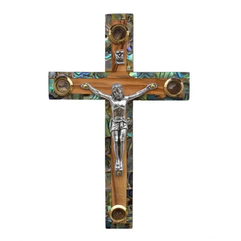 esmaltado ornamentado Holy Land Market Crucifijo de mesa de altar 12 pulgadas, piedras doradas/rojas decoración de iglesia o hogar 