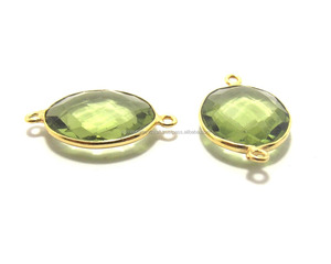 Belle pierre précieuse d'améthyste verte faite à la main Double bélière lunette à facettes Boho connecteur bijoux plaqué or forme ovale pierre de naissance - Product Image 1