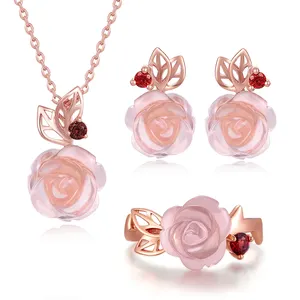 3 anillo nupcial conjunto Suppliers-Conjunto de 3 unidades de joyería nupcial de cuarzo rosa, collar, anillo y pendientes con certificación V033, hermoso y barato, S925