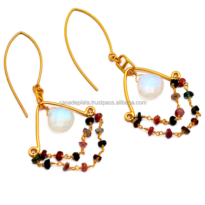 Rainbow Moonstone Natural Tourmaline Gemstone sólido 925 Pendientes chapados en oro de plata esterlina pendiente de moda para boda. - Product Image 2