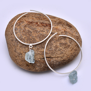 Pendientes de aro de Plata de Ley 925 áspera aguamarina Natural, joyería de diseño hecho a mano, pendiente de piedras preciosas naturales 100% para mujeres y niñas - Product Image 3