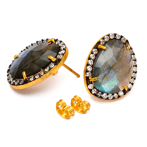 Oval Briolette Labradorite CZ Gemstone Stud <b>Earring</b> 925 <b>Sterling</b> <b>Silver</b> Jewelry Prong Setting Fashionable Stud <b>Earring</b> For <b>Women</b> - Product Image 1
