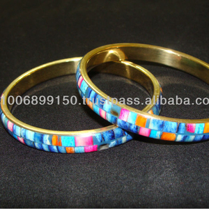 Antique Look Brass and Blue Inlaid Bangle <b>Bracelet</b> - Product Image 2