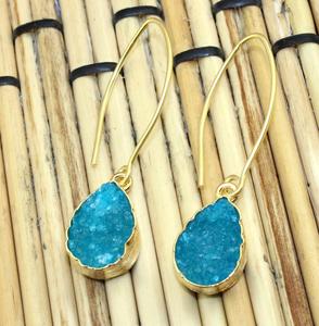 Naturel bleu sucre druzy agate boucle d'oreille long fil goutte boucle d'oreille plaqué or résine druzy boucle d'oreille bijoux - Product Image 6