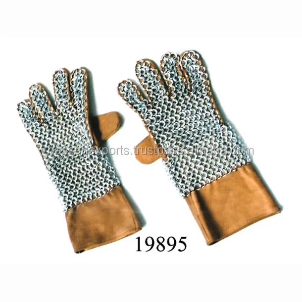 Medieval Armor Leather Gauntlet Pair with Chain mail