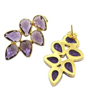 Pendientes de cuarzo amatista púrpura de la colección Zeva Jewels, pendientes de gota de moda chapados en oro de latón hechos a mano al por mayor - Product Image 3