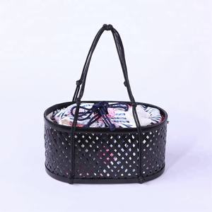 Vietnam fait à la main luxe femmes bambou sac fourre-tout rotin motif toile cuir sac de plage lin doublure deux poignées couverture fermeture - Product Image 2