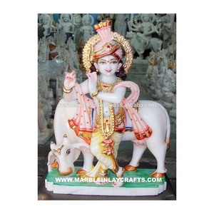 Estatua de mármol de Krishna Makrana con vaca Krishna Idol Moorti - Product Image 1