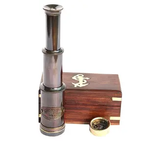 Nautical store 6" Handheld Brass Telescope with Compass Pirate Navigation Wooden Box CHTEL7068