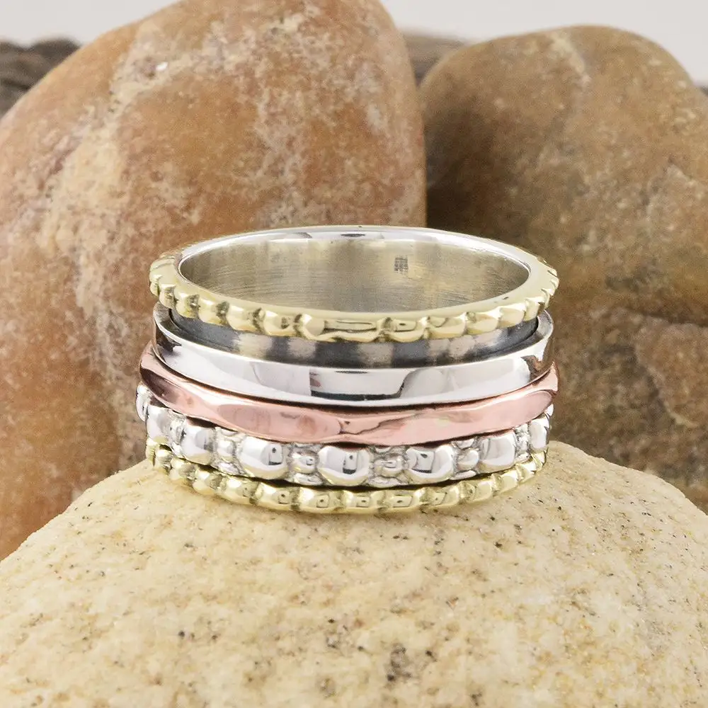 Anel giratório de prata fino, anel de ansiedade para medição de ansiedade, anel de cobre de bronze