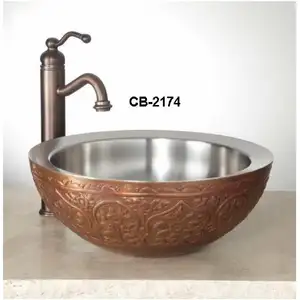 Designer Luxury Embossed Design Nickel Interior Copper Wash Bathroom Sink