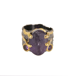 Rough Gemstone Gold Plated Jewelry 925 Sterling Silver Rough Amethyst Gemstone <b>Black</b> Rhodium <b>Ring</b> - Product Image 1