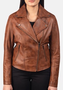 Veste en cuir véritable à la mode pour femmes en beige foncé look motard sportif nouveautés conception personnalisée pas cher en gros - Product Image 5