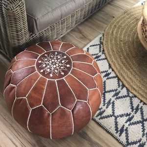 Handmade Moroccan Pouf, Genuine Leather Ottoman, Natural Tan Color Pouffe Unstuffed Footstool - Product Image 1