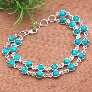 Bracelet double rangée turquoise en argent sterling 925, chaînette avec pierres précieuses, réglage de lunette, bijoux en ligne, vente en gros, fabrication - Product Image 2