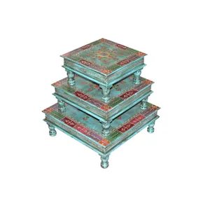 HIGH QUALITY LAW HEIGHT TABLE (BAJOT) SET OF 3 RED FLORAL PAINTED