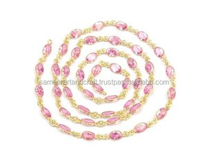 Belle or plaqué argent Sterling fait à la main rose zircon cubique lunette pierres précieuses perlé chapelet multi perles chaîne - Product Image 2