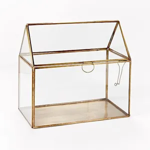 Wholesale custom vintage geometric metal trinket box rose gold copper glass jewelry ring display box for wedding favor